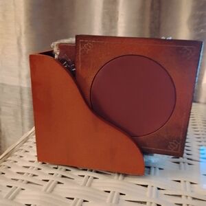 6 Stone tiles coasters leather & gold tone book accents in wood bookshelf case